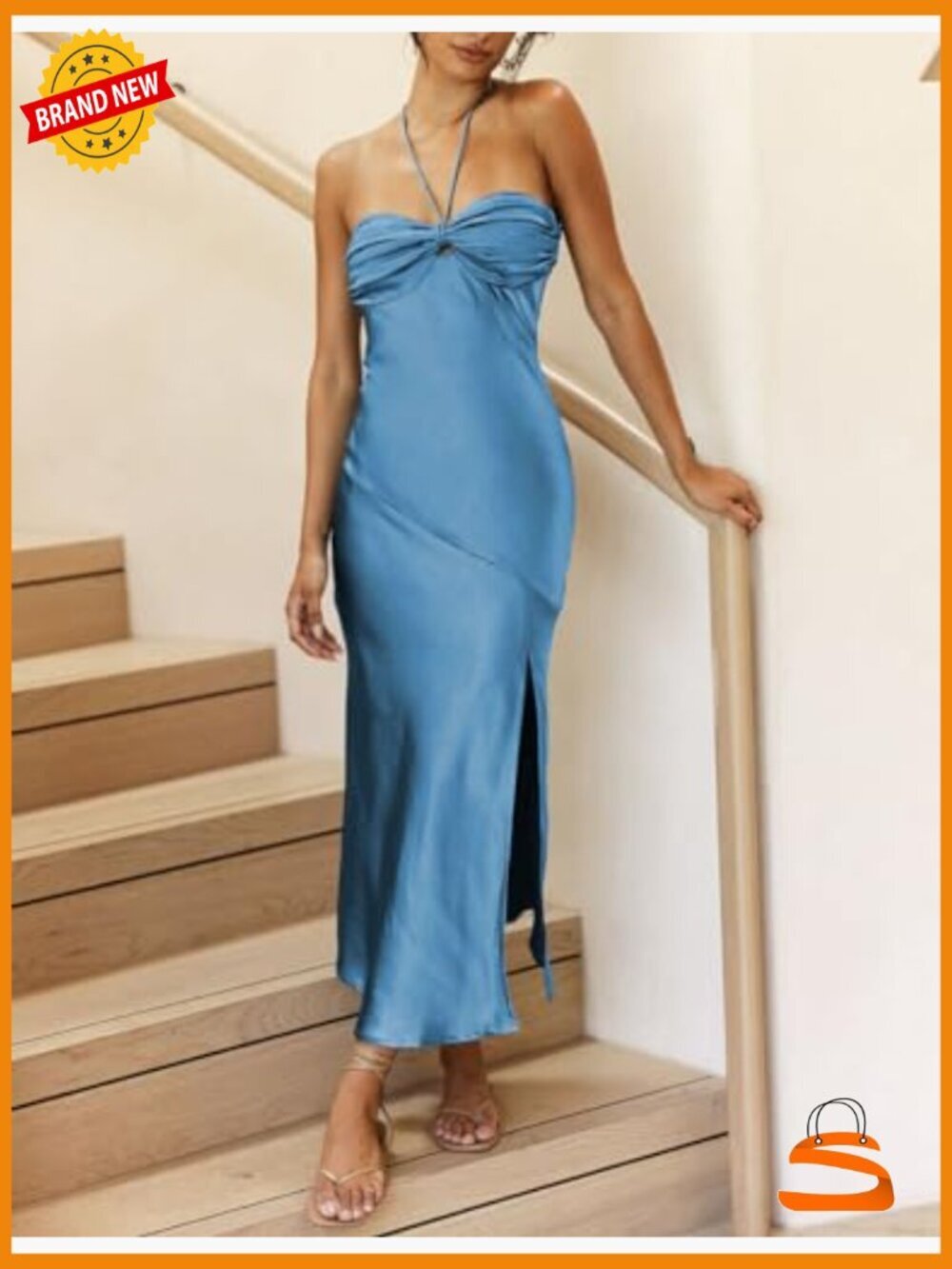 Elegant Satin Midi Dress with Halter Neck and Backless Design Perfect for - Picture 2 of 7